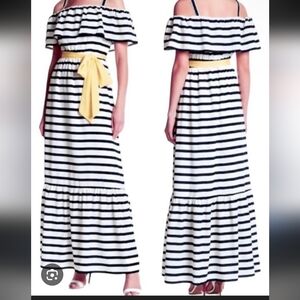 Eiza J,Striped Off-Shoulder Maxi Dress with Yellow Accent Size 8